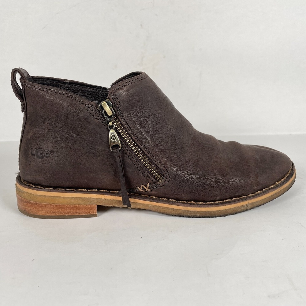 UGG Clementine Winter Ankle Boots Womens Size 7.5 Brown Leather Zip Up Shoes